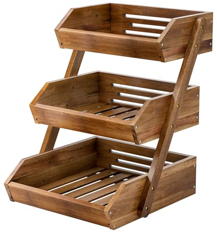 CALM COZY Cesto di Frutta in Legno di Acacia - Cesto per Frutta a 3 Livelli, Fruteros para Cocina, Ciotola per Frutta e Verdura per Il Bancone della Cucina