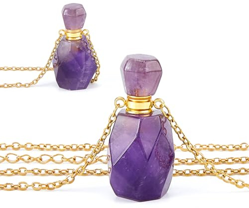 SUPERFINDINGS 2PCS Perfume Bottle Necklace Crystal Perfume Bottle Pendant Essential Oil Diffuser Necklace Gemstone Vial Necklaces Natural Amethyst Pendants for Christmas Valentine's Mother's Day