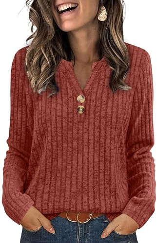 Aokosor Ladies V Neck Jumpers UK- Long Sleeve Tops for Women Ladies Button Lightweight Tunic Caramel Size 14-16