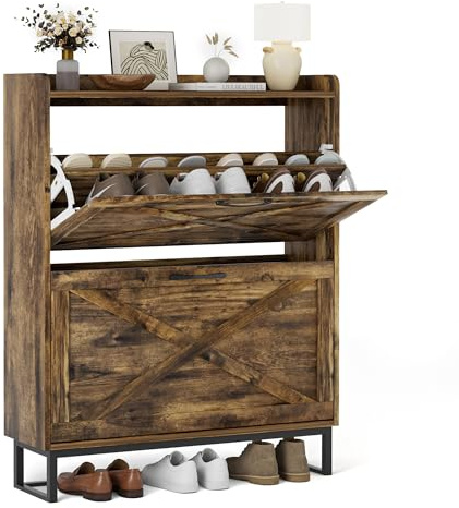 BonVache Meuble Chaussure Entree, Armoire à Chaussures étroite avec 2 tiroirs rabattables, Shelf réglable et Support métallique, adapté à la Couloir, à l'entrée et au Vestibule, Brun rétro