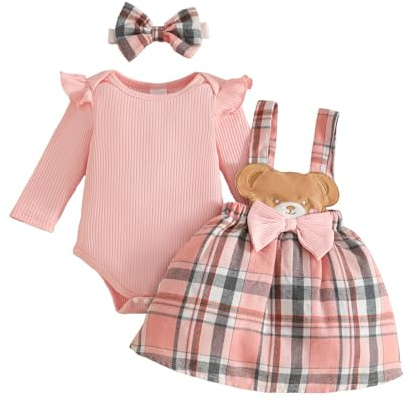 UUAISSO Abiti Neonata Top Maniche Lunghe Gonna Quadri con Bretelle Vestito con Simpatico Orsetto e Fascia Capelli Vestiti Neonati Orsetto rosa 3-6 mesi