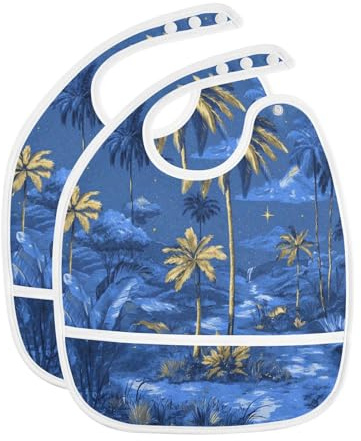 Caikeny Baby Feeding Bibs Blue Yellow Palm Trees Leaves Infant Drooling Bibs Food Bibs with Pocket for Toddler Girls Boys Set of 2