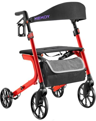 Kekoy Bariatric Rollator Walker with Seat and Wheels, 500 lbs Heavy Duty Rollator Extra Wide, Foldable, 19.5 Wide Seat, 10 All-Terrain Wheels, Adjustable Height, Hidden Brake Cables, Storage, Red
