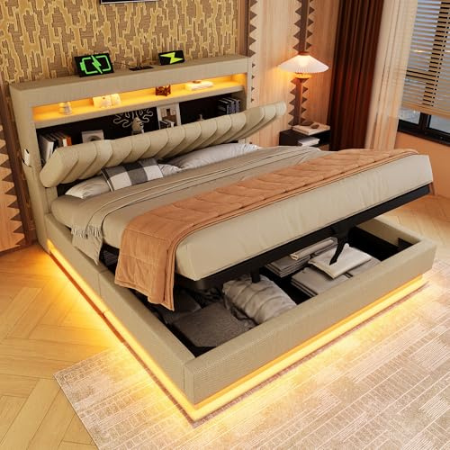 LAKFEW Cama 160x200 cm Camas Matrimoniales con USB y LED, Cama Matrimonio Tapizada con Almacenaje Hidráulico y Cabecero de Almacenamiento, Canape 160x200 Cama Doble, Lino, Beige, Sin Colchón
