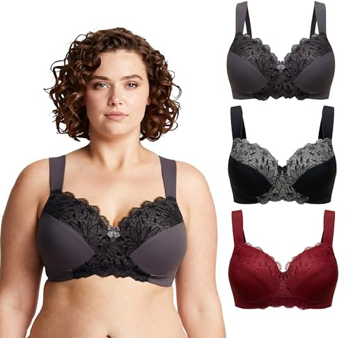 Curve Muse Taglia Grossa Reggiseni Senza Fili sfoderati Minimizer con Pizzo Ricamato-3 Confezioni-Borgogna,Nero,Grigio-3C