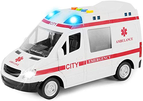 BAKAJI Ambulance Jouet pour Enfants avec Mouvement d'embrayage sirène fonctionnant avec lumières et Sons Gardiens latéraux et arrière ouvrables Camion soigné dans Chaque détail