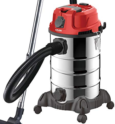 DMS Industriestaubsauger mit 2300 Watt | Nasssauger | Trockensauger | Edelstahl | Blasfunktion | Filterreinigungssystem | beutellos | 30 Liter Fassungsvermögen | Rot