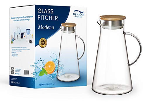 Aqualogis Cruche à Eau Carafe en Verre avec Bamboo/Inoxydable Couvercle, Pichet en Verre Frigo, pour Boissons Chaudes et Froides, Jus, Thé, Lait, Café, Vin 1800 ml