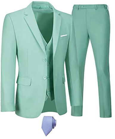 Furuyal Ensemble de Costume 3 pièces pour Homme, Coupe Fine, Deux Boutons, pour Mariage, Affaires, Smoking, Veste, Gilet, Pantalon avec Cravate, Menthe (Mint), XL