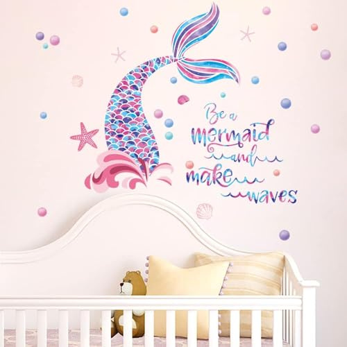 Runtoo Mermaid Wall Stickers for Girls Bedroom Kids Inspirational Quotes Wall Decals Bathroom Baby Nursery Wall Decor