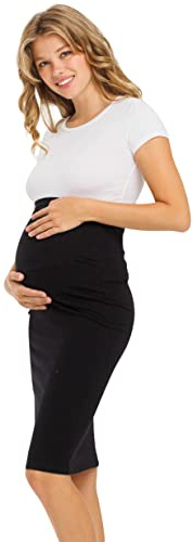 My Bump Women's Comfort Stretch High Waisted Tummy Control Midi Maternity Pencil Skirt Made in USA(Black ACTV, L)