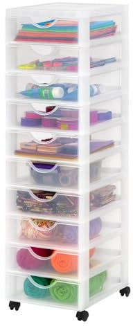 Iris Ohyama Kunststoff-Schubladenbox mit Rollen, 10 flachen Schubladen, Mattweiß, Griffe zum Ziehen, Für Schlafzimmer, Bad, Schule & Büro, BPA-frei, Schubladenschrank, Rollcontainer, DDDC-010