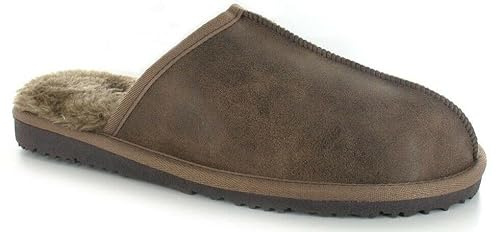 Fella Mens Backless Slippers Mules Soft Distressed Leather Memory Foam Faux Fur Comfort Outdoor Sole Slip Ons (Brown, UK 7)