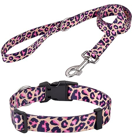 Mihqy Dog Collar and Leash Set, for Large Dogs, Pink Leopard Set,L | with Fashion Patterns, Adjustable for Small Medium Large Dogs, Comfortable for Walks and Outdoor Hikes
