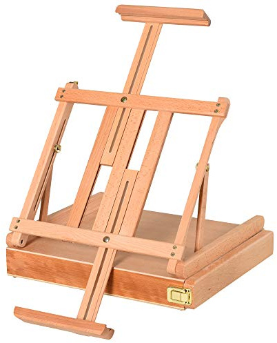 HOMCOM Cavalletto in Legno di Faggio con Cassetto Inferiore, Cavalletto da Tavolo ad Altezza e Angolazione Regolabile, 42x36x12.5 cm, color Legno