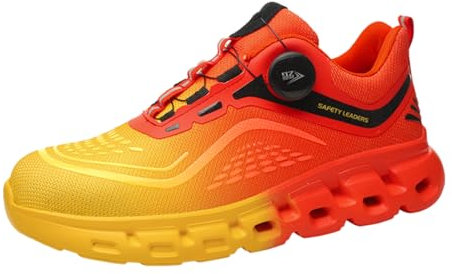 Dajingkj Herren Arbeitsschuhe rutschfest Leicht Orange mit Trend-Drehknopf Sicherheitsschuhe mit Stahlkappen Schlag- und PannensicherAtmungsaktiv Wanderschuhe