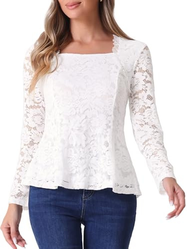 Allegra K Donna Top in Pizzo, Collo Quadrato, Maniche Lunghe, Elegante Camicetta Casual con Peplo Bianca L
