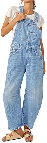 loveimgs Women Y2k Baggy Barrel Jeans Overalls Wide Leg Denim Pants Bib Overalls Jumpsuit Boyfriend Patchwork Jeans (Small,Blue)