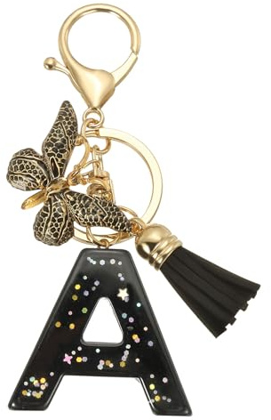 PATIKIL Porte-Clés Alphabet Initiale, Porte-Clés Mignon en Résine avec Pompon Papillon, Breloques Lettre à Pendentif Charme pour Femmes Porte-Monnaie Sac à Main Clef Voiture, Noir (A)