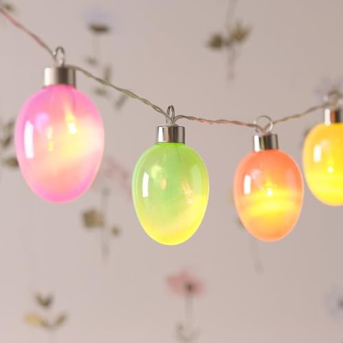 Lights4fun Indoor 10 Warm White Micro LED Battery Operated Iridescent Pastel Glass Easter Egg Decorative String Fairy Lights with Timer 1.35m