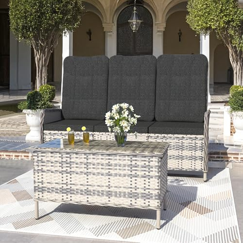 Trumbeak Set di mobili da giardino in polyrattan, per 3 persone, con schienale regolabile, in divano da giardino, tavolino da giardino, colore nero