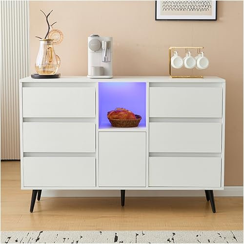 Seyakany Buffet Blanc Moderne avec éclairage LED,Commode 120x40x80 cm,Portes à Ouverture à Poussoir, laqué Brillant, Pieds métalliques Noirs Mats,Armoire de Rangement,Buffet Salle a Manger,Blanc
