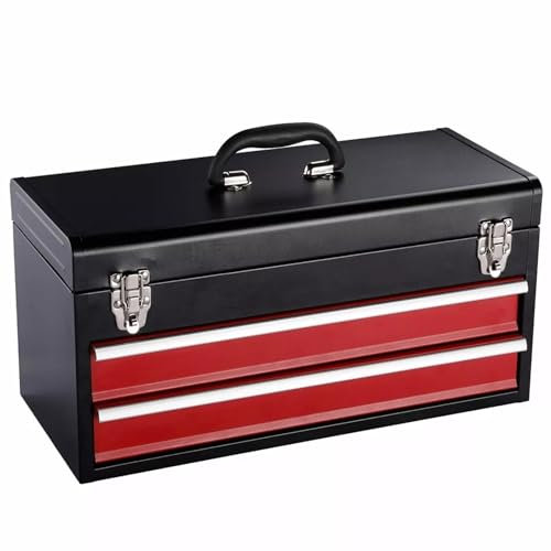 Lockable Heavy-Duty Metal Tool Box with 1/2/3/4 Drawers | Portable Steel Toolbox with Secure Latch & Waterproof Powder-Coated Finish | Black and Red Toolboxes for Storing and Organisation (2 Drawers)