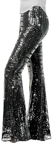 Nawgut Sequin Flare Pants Sparkly Glitter High Waisted Bell Bottom Trousers Disco Party Clubwear for Women-Medium Black