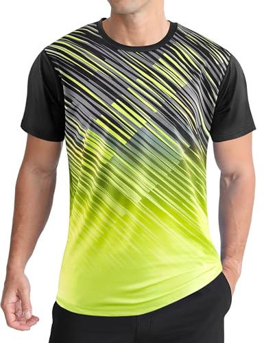 APTRO Maglietta Uomo Sportiva a Maniche Corte, Gradiente con Tessuto Elastico Asciugatura Rapida e Fori Traspiranti per Fitness Nero Verde a Quadri diagonali M