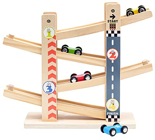 Piste de Voiture en Bois avec 4 Machines, Rampe Click Clack pour Enfants, Cadeau Jouet Éducatif de Course pour Enfants de 1-4