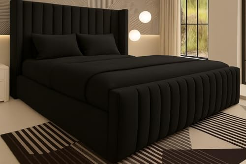 Luxury Chesterfield Winged Panel Bed Frame |- Double King Superking Sizes - Optional Gas Lift & Mattress - UK Made (Black Plush, King 5ft with Mattress)
