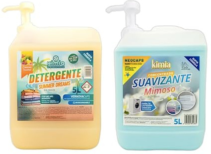 KIMIA - Lessive Rêves d'Été + Adoucissant Concentré 5L avec Pompe | Nettoyage en Profondeur | Parfum Printemps Longue Durée | Protège les Couleurs | Douceur et Fraîcheur Longue Durée