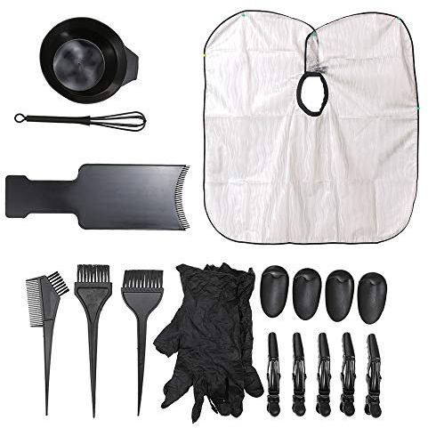 Lot de 18 outils de coloration pour cheveux - Tableau de teinture - Cape teintée - Brosse - Peigne - Bol - Pinces - Fouet - Cache-oreilles - Gants pour la maison