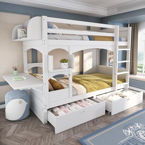 NuvlaGu Letto a castello per bambini in legno massiccio bianco, 90 x 200 cm, con scrivania pieghevole, scaffale e 2 cassetti, con scala, senza materasso