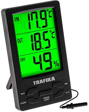 TRAFIKA Thermomètre avec hygromètre spécial pour culture Intérieure avec sonde de 2,5 m/Grand écran LED vert/Armoire Culture Indoor/Mesureur température et humidité