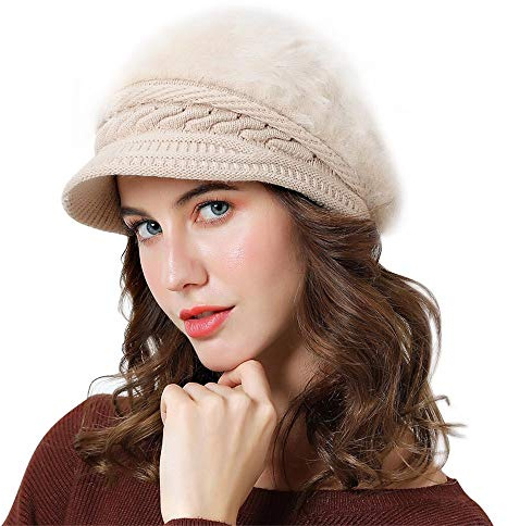 Lachi Ladies Winter Hat Beret Winter Hat for Women Knit Beanie Cabbie Cap Visor Warm Skullcap Knitted Ladies Cloche Khaki