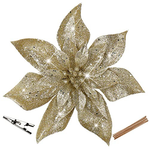 Oairse 8 Piezas de Flores Artificiales Rojas con Purpurina Grande de 23 cm con Clips, Flores de Navidad, Adornos Florales Falsos para árbol de Navidad, Vacaciones, Boda, Año Nuevo, Halloween