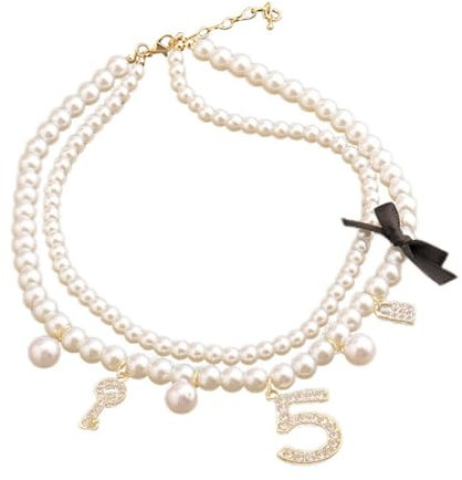 CZZSiug Elegante Imitation Perlen Choker Layered Pearl Halskette zierliche Strass Zahl 5 Dangle Halskette Schmuck für Frauen