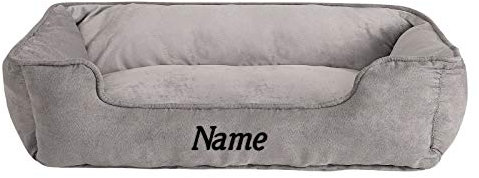 lionto Hundebett 2-in-1 mit komfortablem Einstieg, kuscheliges Heimtierbett zum Wenden für Hunde und Katzen, 110x80 cm, Hundekissen in pflegeleichter Wildlederoptik, grau (Namensaufdruck)