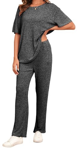 Famulily Ribbed Clothes Sets for Women Oversized Short Sleeve Tops and Wide Leg Trousers with Pockets, 2 Piece Outfits Tracksuits Loungewear Sleepwear