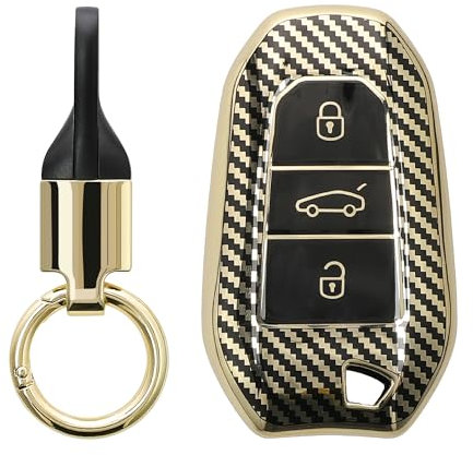 kwmobile Cover Chiave Auto Compatibile con Peugeot Citroen con 3 tasti Smartkey (Keyless Go) Cover - Custodia Chiavi Macchina - Coprichiave - Copri Telecomando in Silicone TPU - oro/nero