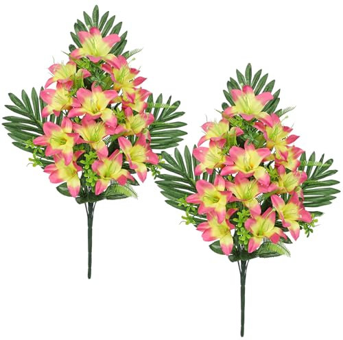 Oairse 2 flores artificiales para tumba, color amarillo y rosa, ramo de lirios artificiales, flores conmemorativas para arreglos de cementerio de flora, decoración de tumbas