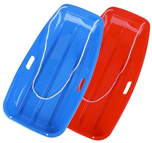 35 inch Snow Sled, Plastic Sled with Leash 2 Handles., Wider and Thicker,Accommodates 2 Peop (Blue+Red 2pack)