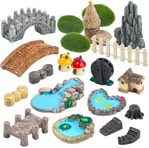 QUOZUO 21 piezas de miniaturas de jardín de hadas, accesorios de puente, casa, paisaje, pozo de agua, valla, figuras, estanque, hongos, césped, jardín, adorno para manualidades, decoración de