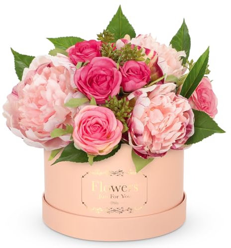 Hollyone Silk Artificial Flower Gift Box, 7'' Pink Floral Arrangements for Birthdays, Anniversaries, Fake Flower Bouquet for Wedding Decorations, Realistic Faux Roses and Peonies for Home Decor