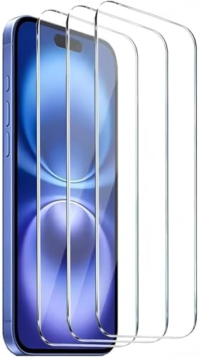 3-pack härdat glas för iPhone 16, iPhone 15, iPhone 15 Pro (6,1 tum) skärmskydd, ultraresistent, reptålig, utan bubblor, hårdhet 9H glas, 6,1 tum HD, ultratransparent