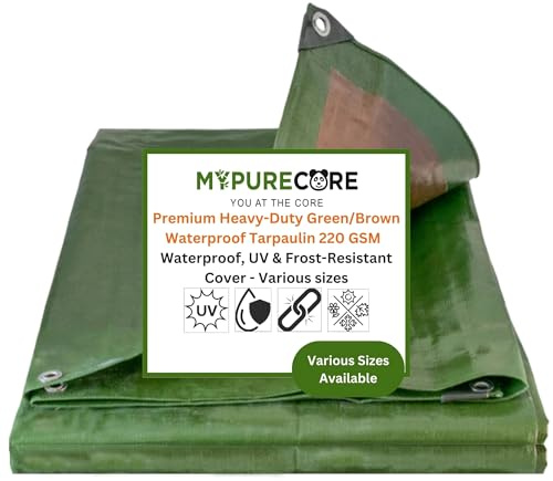 MYPURECORE Heavy-Duty Tarpaulin 220 GSM – Waterproof, Dual-Colour Green/Brown, Reinforced Eyelets Every 50cm, Ideal for Camping, Garden, Greenhouse, Outdoor Furniture, Trailers & Sheds (4m x 4m)