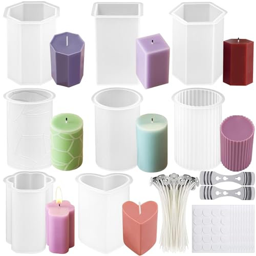 TZEKING 220 Stück Kerzenform Kerzen Kit, 8 Kerzenform Silikon+200 Wachsdochte+2 Halter+10 Aufkleber, Kerzenformen Zum Gießen Set, 3D DIY Silikonform Kerzen-Gießen Formen Set, Zylinder Kerzen-Gießform