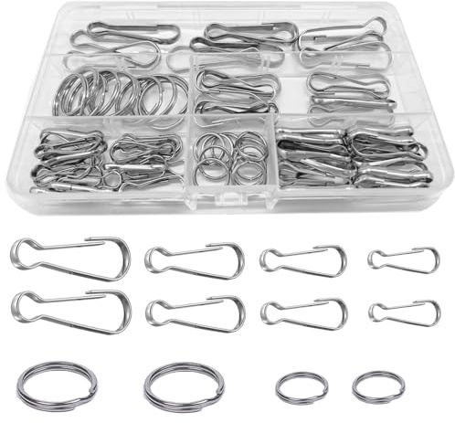 WeqeYent 90 delar rostfritt stål flaggstänger klämmor 28 mm/32 mm/40 mm/50 mm metallband fjäderklämmor krokar med rund nyckelring för genomförade flaggor, nyckelringar, banderoller, husdjursbur