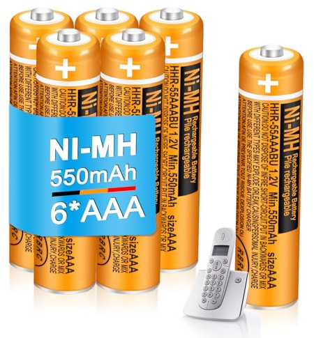 Lot de 6 piles rechargeables AAA 550 mAh 1,2 V HHR-55AAABU NI-MH pour combinés Panasonic pour téléphones sans fil BT Gigaset, usage quotidien